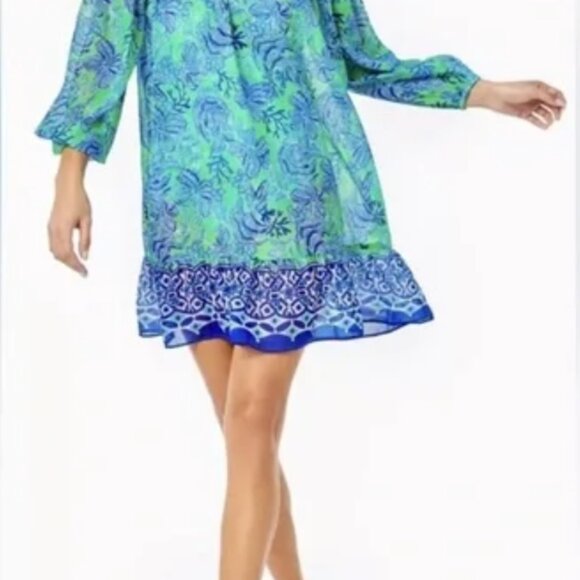 LILLY PULITZER OFF SHOULDER DRESS WOMEN XL GREEN BLUE FLORAL RESORT BOHO - Picture 1 of 10